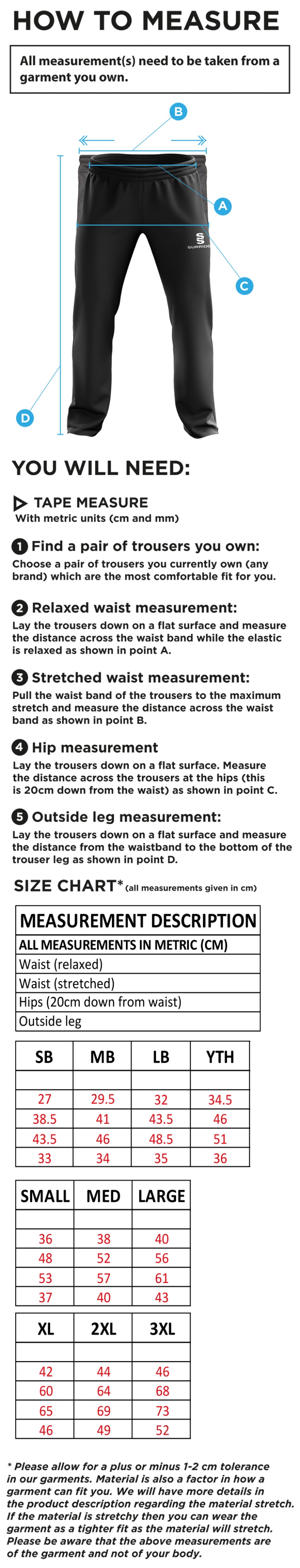 Slimbridge CC - Ripstop Track Pants - Size Guide