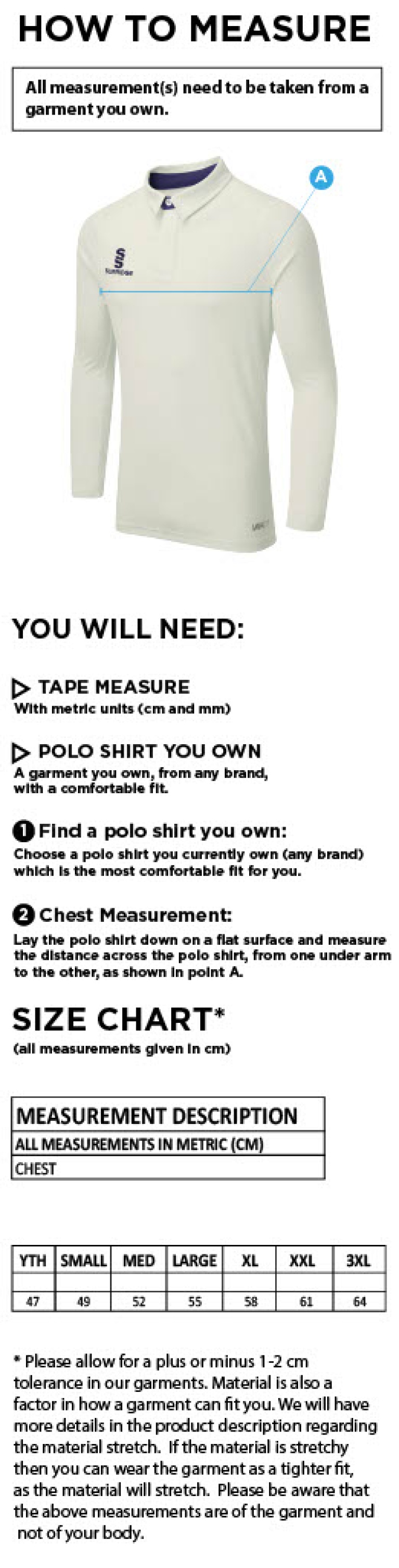 Slimbridge CC - Ergo Long Sleeved Playing Shirt - Size Guide
