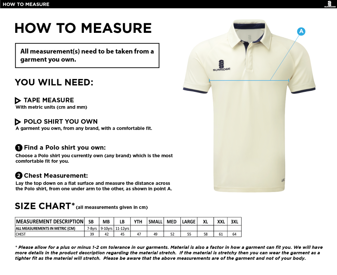 Slimbridge CC - Ergo Short Sleeved Playing Shirt - Size Guide