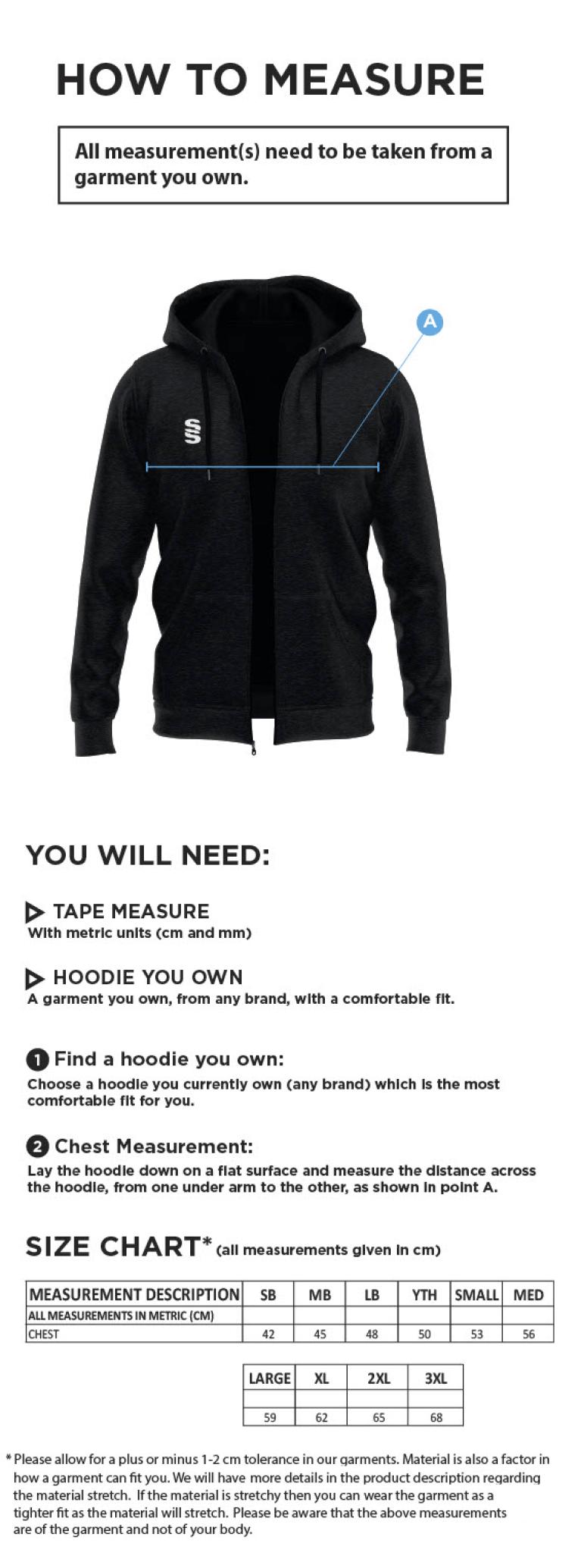 Slimbridge CC - Dual Full Zip Hoody - Size Guide