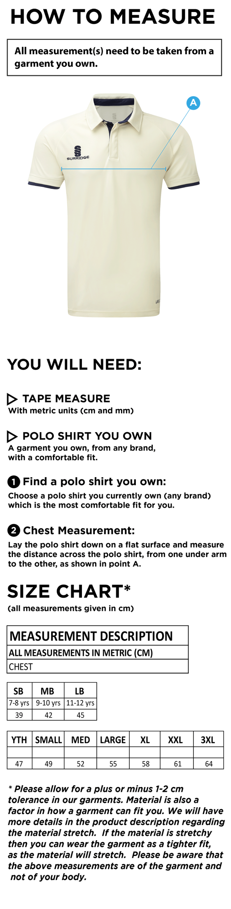 Slimbridge CC - Ergo Short Sleeved Playing Shirt - Size Guide