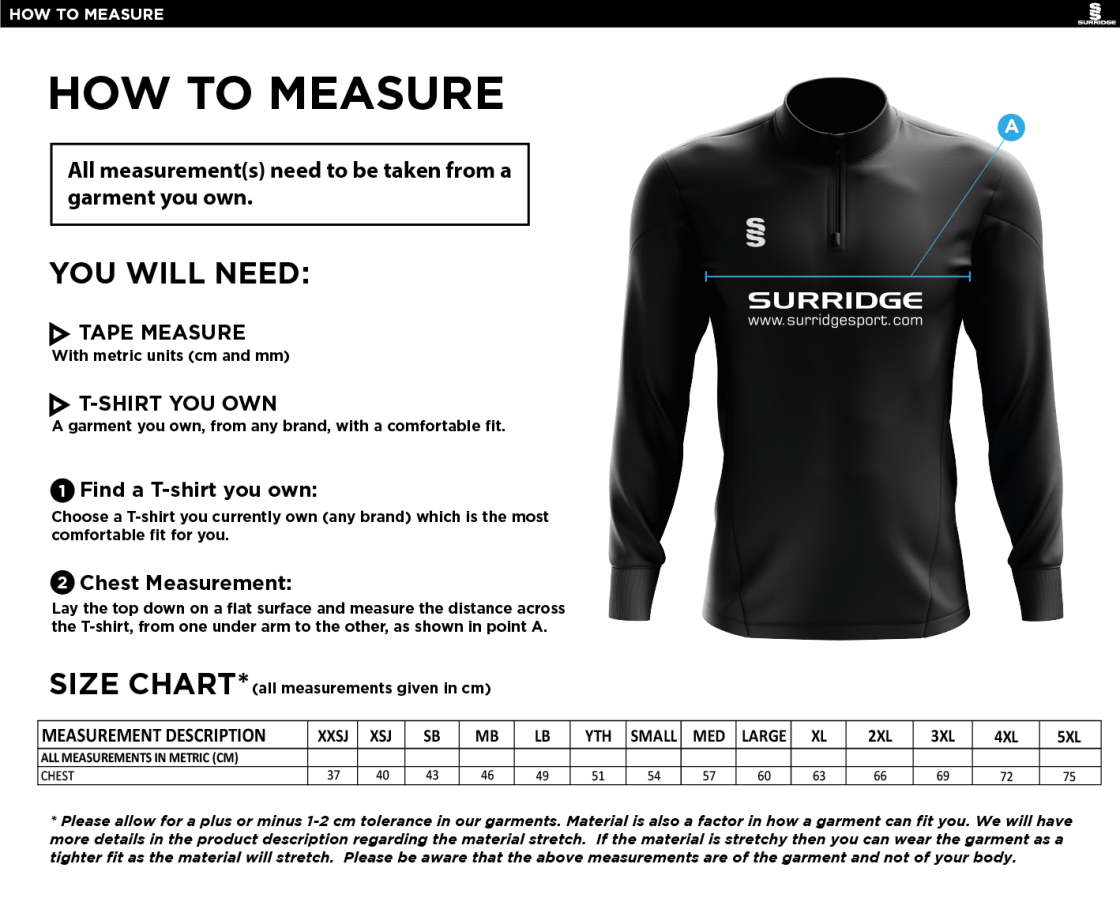 Slimbridge CC - 1/4 Zip Dual Performance Top - Size Guide