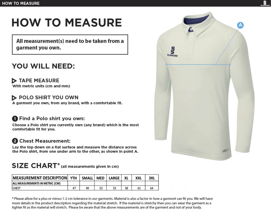 Slimbridge CC - Ergo Long Sleeved Playing Shirt - Size Guide