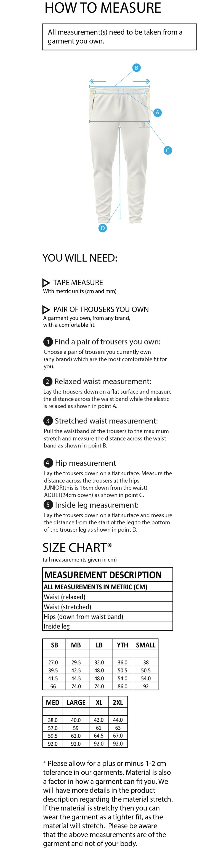 Slimbridge CC - Ergo Playing Pants - Size Guide