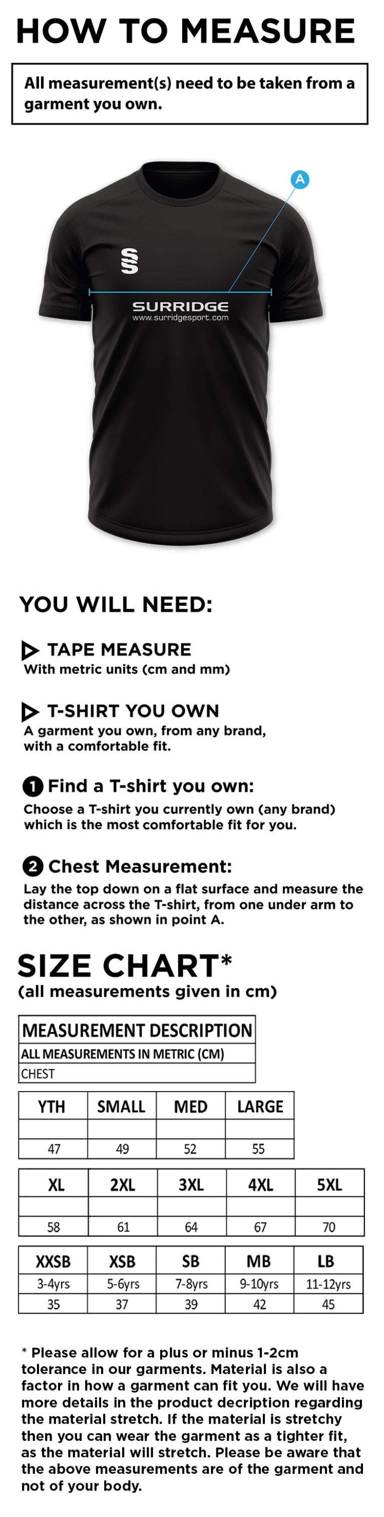 Slimbridge CC - Dual Games Shirt - Size Guide