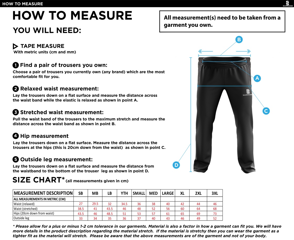 Slimbridge CC - Ripstop Track Pants - Size Guide
